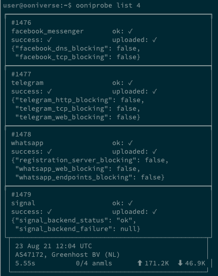 ooniprobe list 4 command output ooniprobe list 4 command output